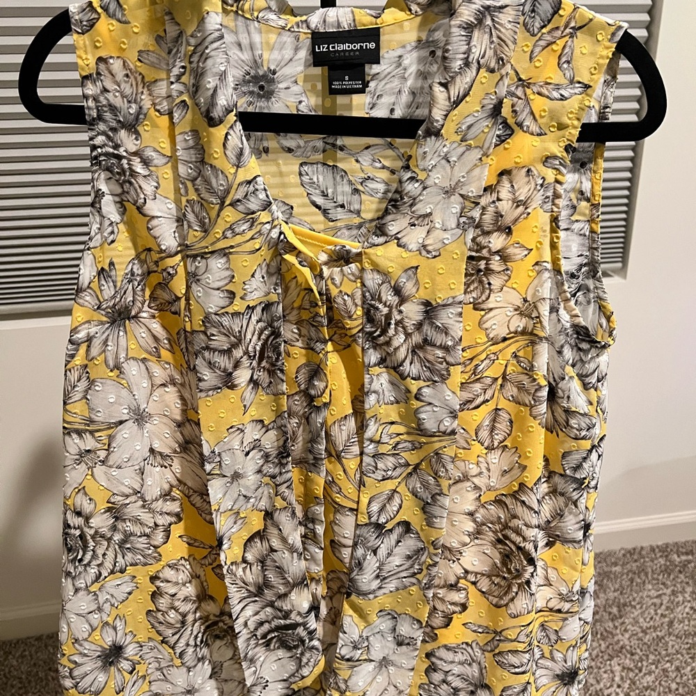 Liz Claiborne Yellow and Gray Floral Blouse